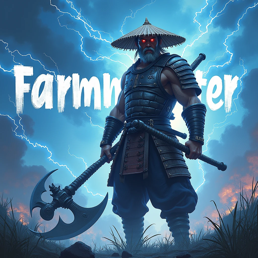 "Créez une image réaliste et intense comme une photo d'un guerrier nommé FarmMasteR,avec un chapeau de paille. Le guerrier doit tenir une grande faux, représentant son expérience agricole. Le personnage doit être vêtu d'une armure médiévale de samouraï, il est en grande forme physique, avec une présence unique et effrayante. Des éclair tournent autour de lui comme une aura. L'arrière-plan doit représenter un monde psionique avec des tons bleus, rempli d'éclair, de fumée et de destruction pour renforcer l'atmosphère intense. être dramatique, en soulignant l'apparence puissante et unique de FarmMasteR. Le nom « FarmMasteR » doit être affiché dans le fond de l'image dans une police ressemblante à celle de l'image fourni