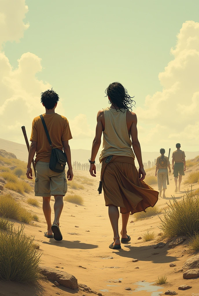 A place that has dry land and very little vegetation with worried people around. 