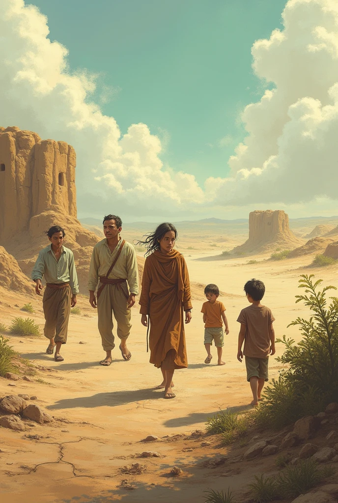 A place that has dry land and very little vegetation with worried people around.