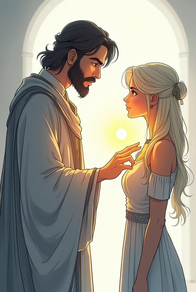 CCreate a lineart illustration Setting: The moment when Priest Belenus approaches Marine and studies her aura, with a look of fascination and understanding.
Details: The illustration could focus on Priest Belenus, with a curious and welcoming expression, almost mesmerized by Marine’s aura. The brightness of his soul and the darkness at his core could be represented visually, perhaps with a soft light surrounding Marine and a subtle shadow in the center of her body, reflecting the curse. Belenus could be gently touching Marine’s shoulder, creating a connection between them.