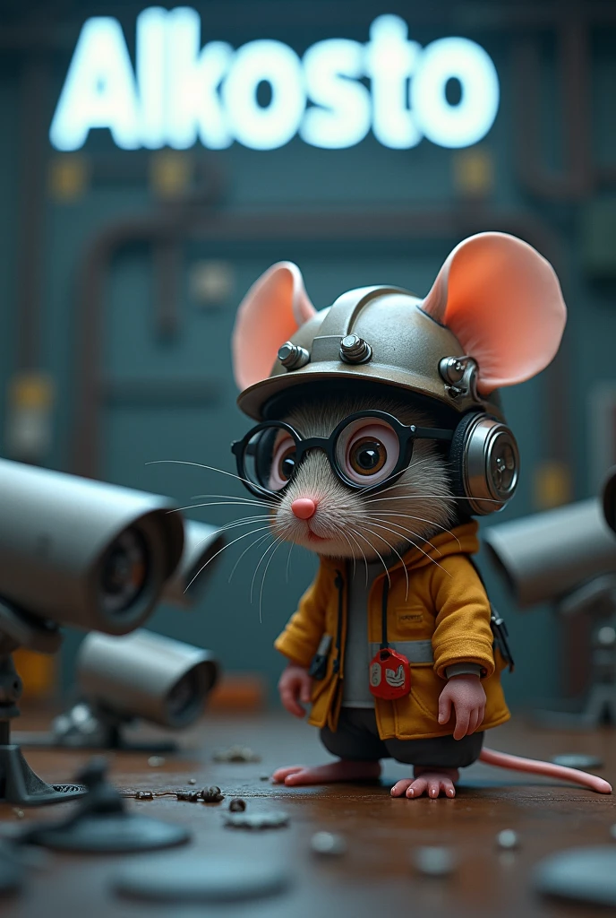 A serious electrical engineer mouse with glasses and helmet installing security cameras and in the background this logo of the company Alkosto