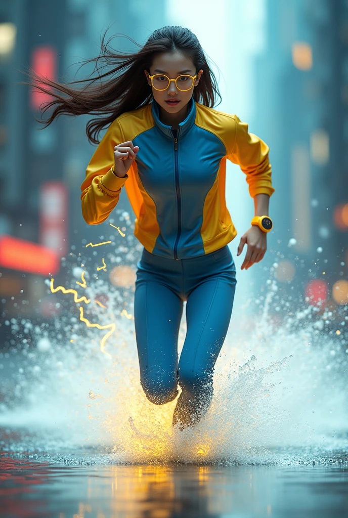 Chinese japan women average age 15 year old wear jumpasuit high tech(( blue yellow)). Running effect. Glowing yellow power. Runfast effect. Wear blue big glasses big frame.running speed of light. running athlete. Braces teeth. waterfall background .Bokeh background. Panning effect. Yellow high tech watch. a beautiful young chinese women, , wearing a high-tech blue and yellow loose jumpsuit,run on water, floating water bubble, photorealistic, detailed facial features, long hair, elegant pose, dynamic lighting. glowing body yellow lightning effect, 8k, award-winning digital art, intricate details, vibrant colors, cinematic composition. very fasr run, highly detailed. light trail effect. speed of light. froze time effect. at the city.run water .shallow water . spash water. the girl run fast floating on water running on water surface.