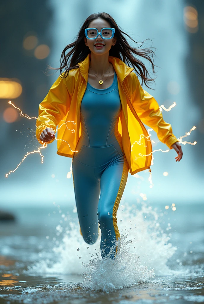 Chinese japan women average age old wear jumpasuit high tech(( blue yellow)). Running effect. Glowing yellow power. Runfast effect. Wear blue big glasses big frame.running speed of light. running athlete. Braces teeth. waterfall background .Bokeh background. Panning effect. Yellow high tech watch. a beautiful young chinese women, , wearing a high-tech blue and yellow loose jumpsuit,run on water, floating water bubble, photorealistic, detailed facial features, long hair, elegant pose, dynamic lighting. glowing body yellow lightning effect, 8k, award-winning digital art, intricate details, vibrant colors, cinematic composition. very fasr run, highly detailed. light trail effect. speed of light. froze time effect. at the city.run water .shallow water . spash water. the girl run fast floating on water running on water surface.