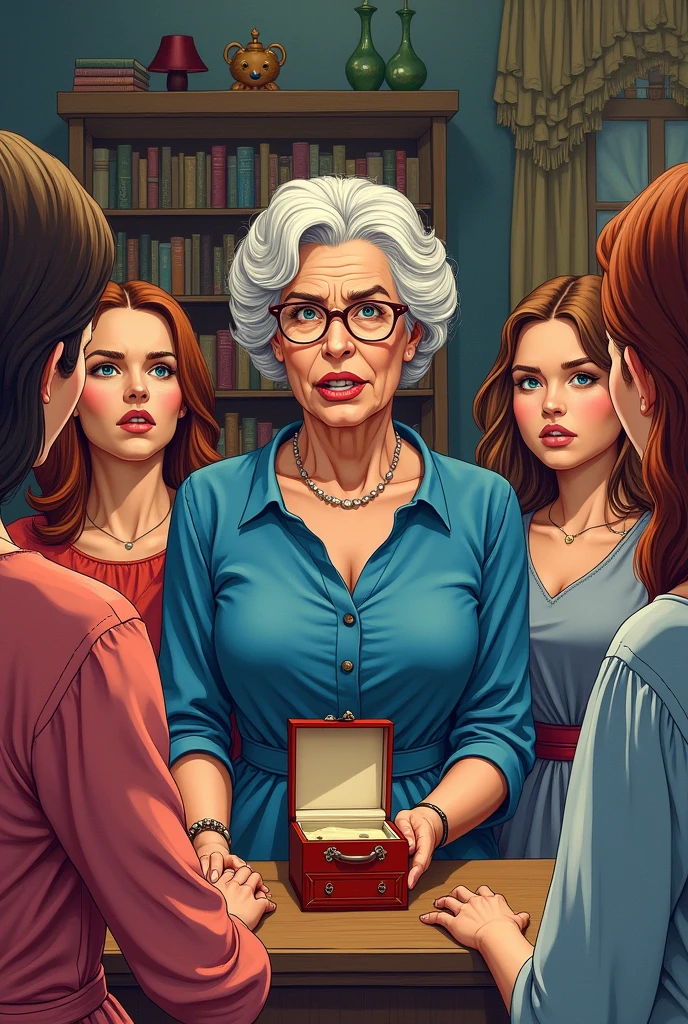 drawn in the form of a colored drawing, exactly one older woman is scolding exactly three younger women in a room that contains a jewelry box