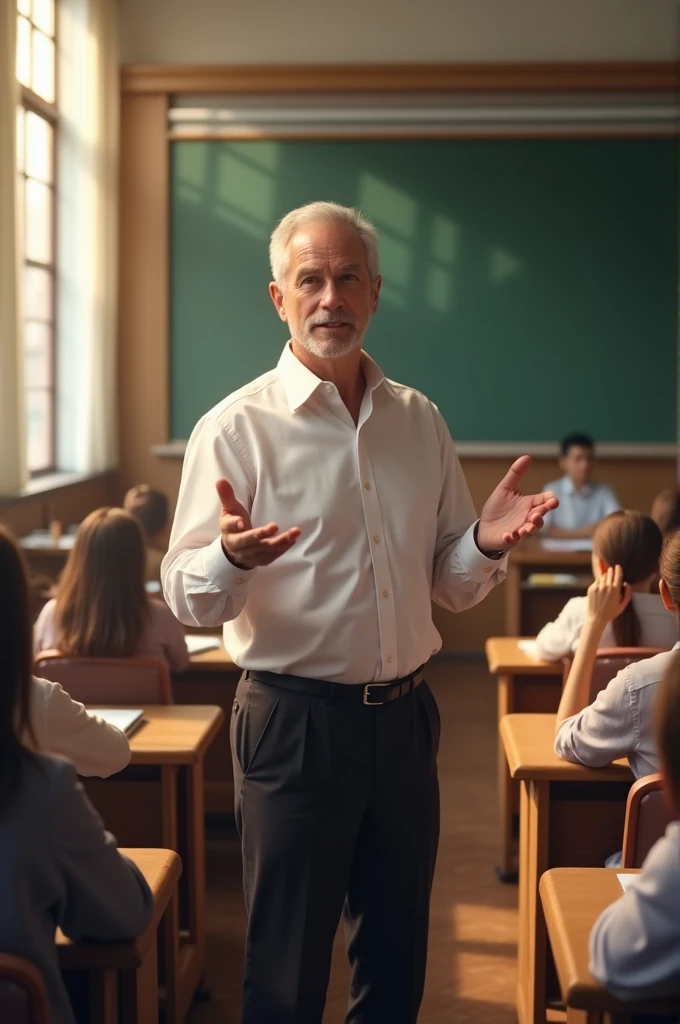 A man sitting in white shirt and black pant giving lecture