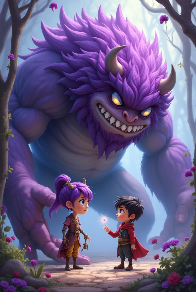 Try to chat with the cute little hero and the purple-haired monster