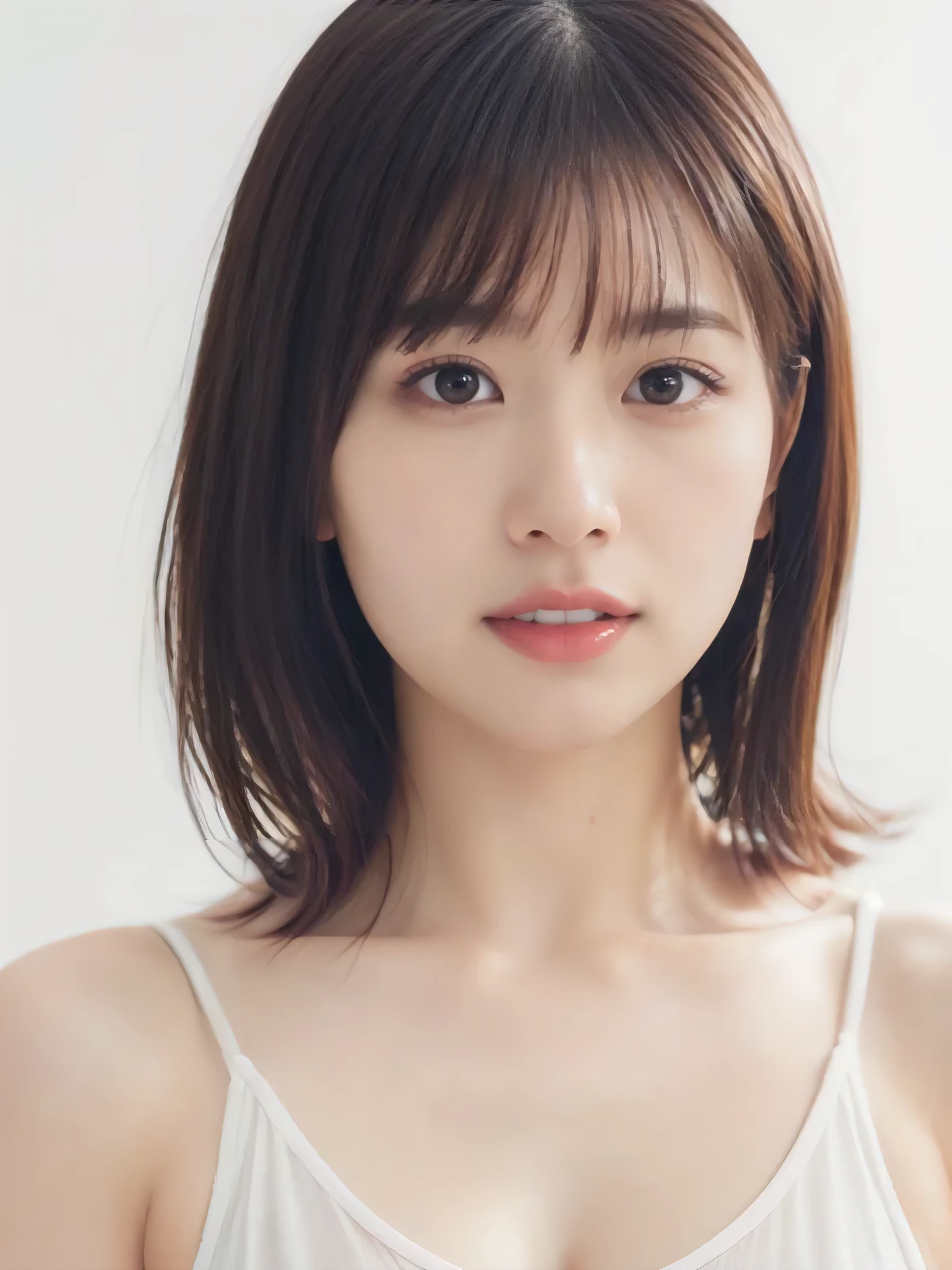 1girl, 2 woman, cute face, Small breasts, medium breasts, large breasts, beautiful face, (perfectly detailed face), ((looking at viewer)), Simple Background, ((white background)), ((white wallpaper)), White skin, (bright lighting:1.2), perfect lighting, photorealistic, (bokeh), UHD, anatomically correct, highres