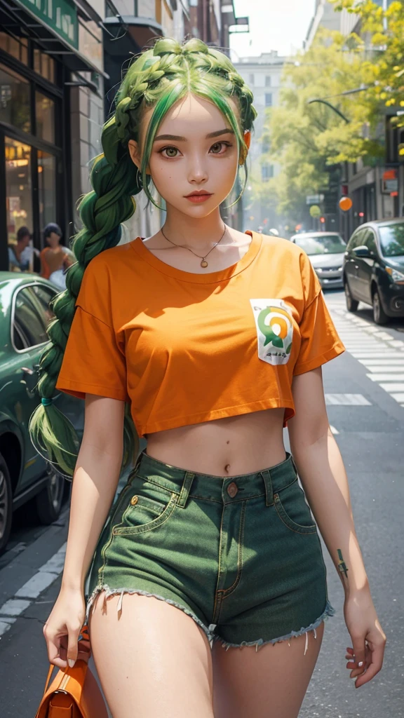 A young woman with green hair, braids, orange and green shorts, orange t-shirt, orange and green scenery