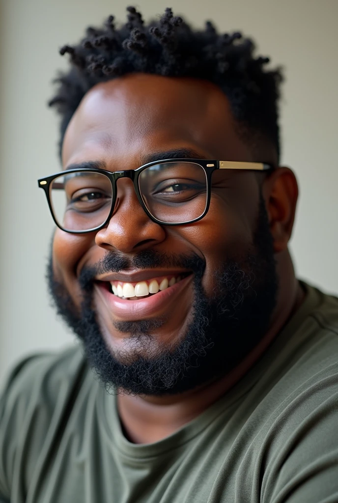 Realistic car mechanical chubby balck Man, With glasses looking The câmera portrait