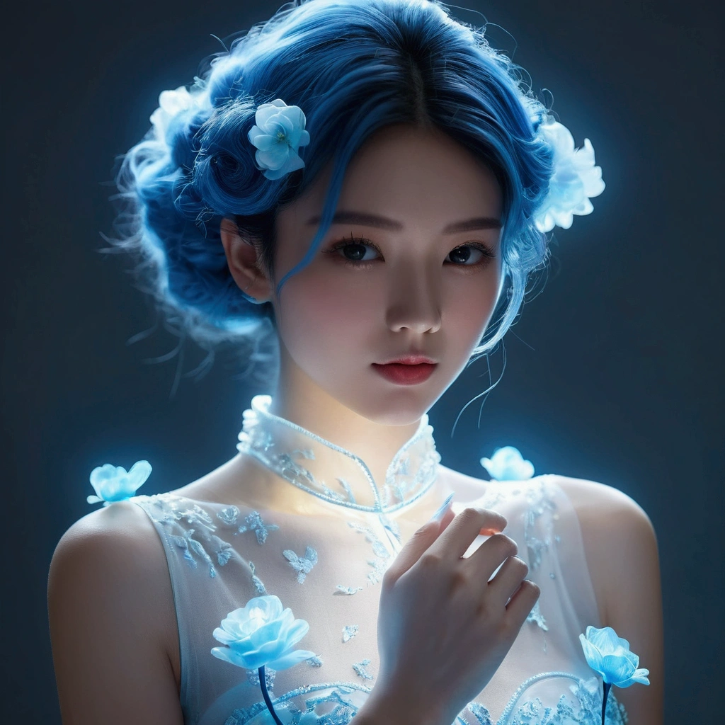 ((gem_Light elements)), (translucent luminous body_Wearing white poufy blue silk bridesmaid dresses:1.3), (woman made of light blue light: 1.2, Blue long curly hairstyle，Exquisite facial features，light:1.3), (Minimalism: 0.5), (Frontal close-up angle from waist up: 1.3), 4K, high dynamic range, Acid Graphics, Fantasy works, [Detailed and vivid faces: 0.33], (White translucent glowing body and blue hair: 1.3),(Holding blue glowing bouquet),Beautiful girl with silhouette lines and glow, Understated elegance revealed.. Steady、dignified atmosphere，Gives a subtle sense of luxury... Gray smooth texture, fashionable pose, fluorescent, glow tattoo, 生物glow tattoo, glow pattern.