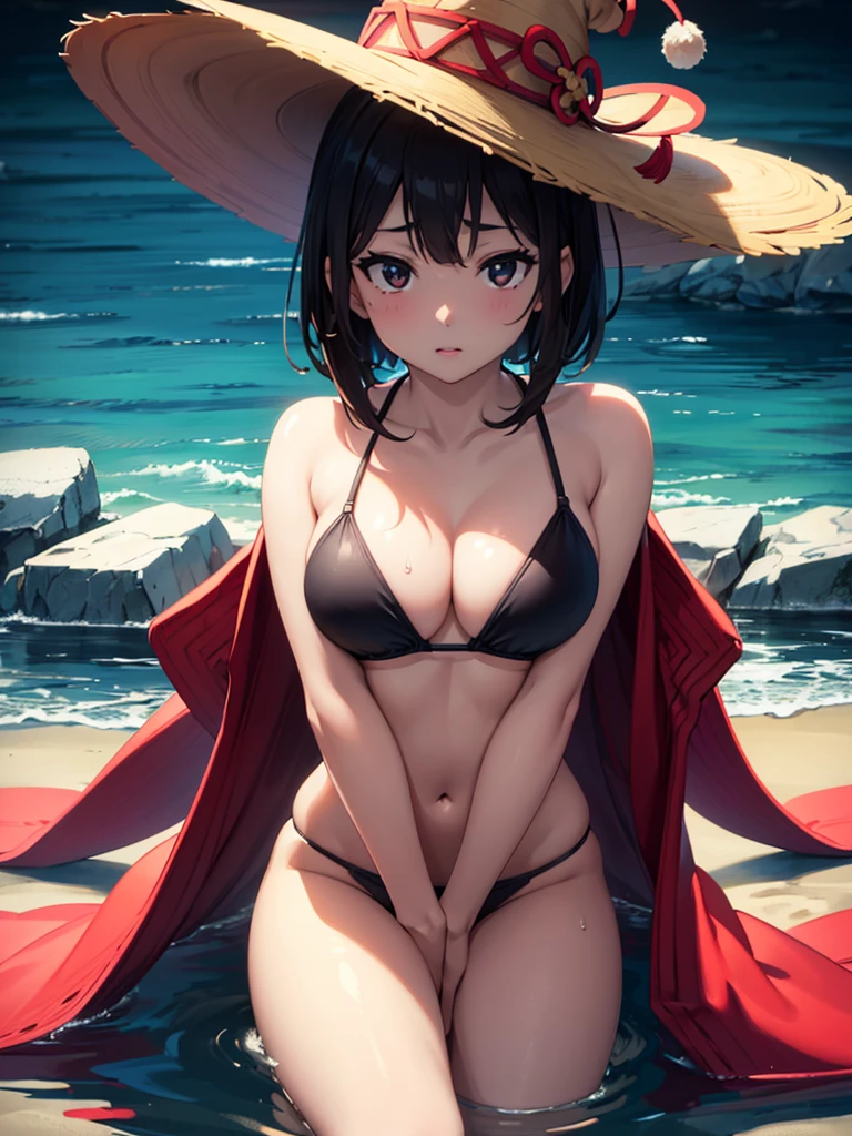 A  Japanese girl, wearing a black bikini, spread both legs apart wide, enhancing breasts, small breasts, brown short hair, long sideburns, hat, beautiful detailed face, beautiful eyes and lips, masterpiece, 8K, hyper realistic, photorealistic, vibrant colors, beautiful,Get used to it, Exquisite, extremely Get used to it, finely Get used to it, high quality, insanely Get used to it, ultra Get used to it, Ultra-high resolution, high quality, beautiful face, Wet, Obscene pose, Accentuate your cleavage:1.5,Glowing Skin, Detail Skin,It gives me goosebumps, Lewd face