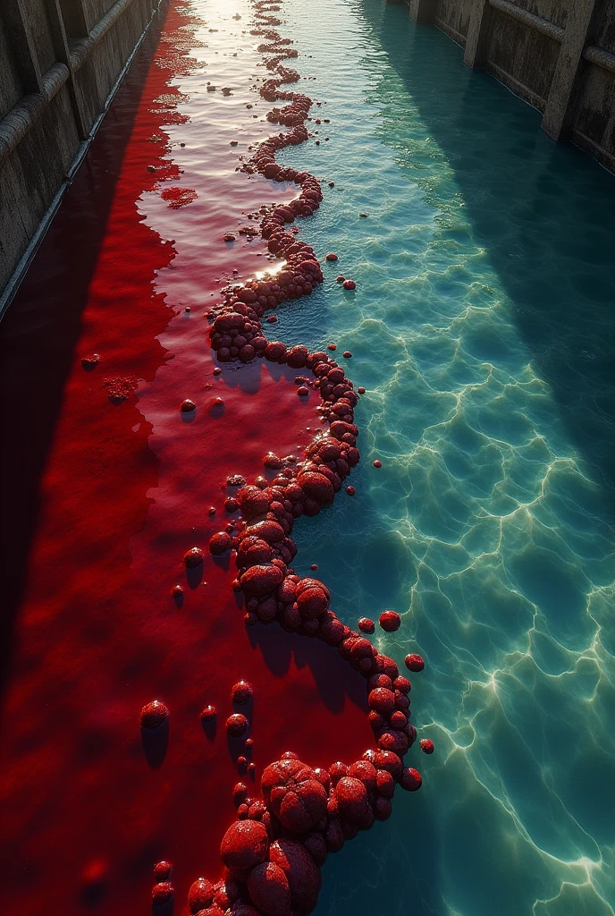I want an image with two sections. On the left side, there should be blood with the word 'July' written on it, and on the right side, there should be water with the word 'August' written on it.
