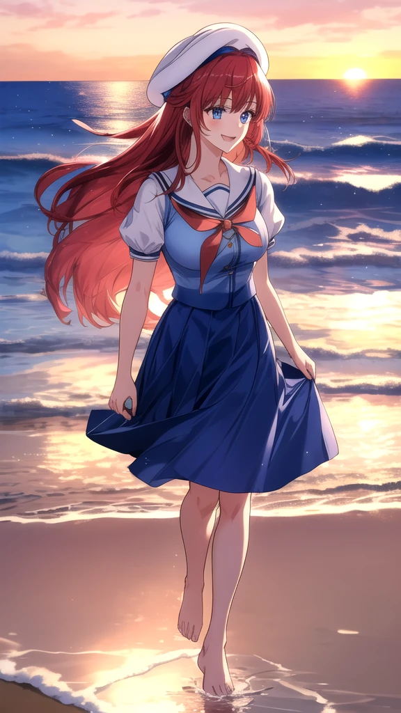 kotorishirakawa, ((masterpiece, best quality, highres, distinct_image)), 
extremely beautiful and delicate, extremely detailed, intricate detail, 1girl, 独奏, short stack, huge breasts, red hair, long hair, straight hair, Blue eyes, BREAK skirt, hat, school uniform, short sleeves, puffy sleeves, puffy short sleeves, Cute Smile Open your mouth, Are standing, (She walked along the beach in the sunset, her bare feet touching the water, the closest she came to seeing that smile:1.1), barefoot, Two Arms, (cinematic angle:1.1),