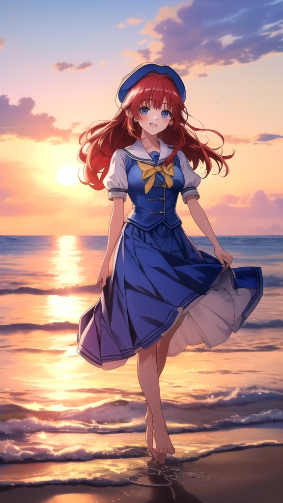 kotorishirakawa, ((masterpiece, best quality, highres, distinct_image)), 
extremely beautiful and delicate, extremely detailed, intricate detail, 1girl, 独奏, short stack, huge breasts, red hair, long hair, straight hair, Blue eyes, BREAK skirt, hat, school uniform, short sleeves, puffy sleeves, puffy short sleeves, Cute Smile Open your mouth, Are standing, (She walked along the beach in the sunset, her bare feet touching the water, the closest she came to seeing that smile:1.1), barefoot, Two Arms, (cinematic angle:1.1),