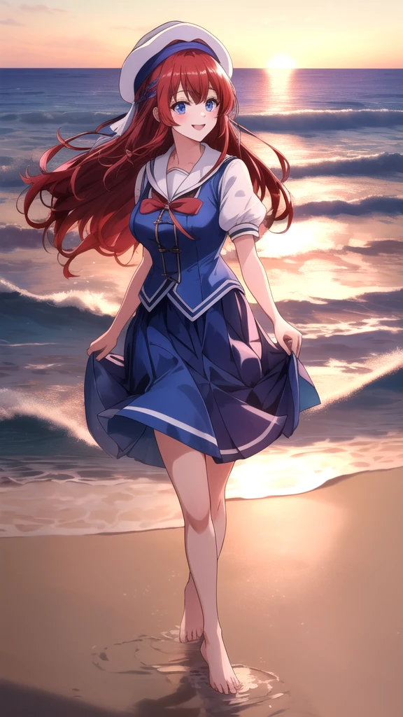 kotorishirakawa, ((masterpiece, best quality, highres, distinct_image)), 
extremely beautiful and delicate, extremely detailed, intricate detail, 1girl, 独奏, short stack, huge breasts, red hair, long hair, straight hair, Blue eyes, BREAK skirt, hat, school uniform, short sleeves, puffy sleeves, puffy short sleeves, Cute Smile Open your mouth, Are standing, (She walked along the beach in the sunset, her bare feet touching the water, the closest she came to seeing that smile:1.1), barefoot, Two Arms, (cinematic angle:1.1),