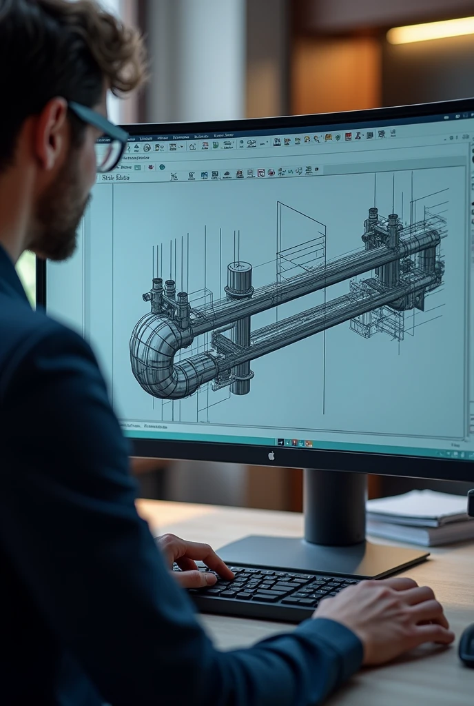 Create a highly detailed, photo super realistic image working on a complex 3D piping modeling project within a modern Building Information Modeling (BIM) environment, surrounded by sleek, high-tech computer monitors and a sophisticated desktop setup, with a subtle, modernist-inspired office background featuring neutral tones. Not showing the face.