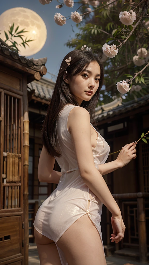 A young woman wearing a thin see-through Chinese dress, not wearing a bra, with many bamboo trees, plum trees, and plum blossoms flying. Behind her is a large moon.