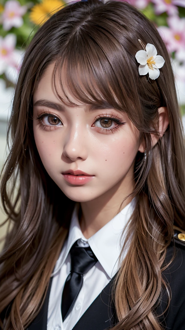 Realistic, masterpiece, Highest quality, Highest Resolution, Japanese , , Upper body photo, Looks sleepy, Spaced out, Open your mouth, Beautiful and detailed eye drawing, (Droopy eyes:1.3), Dark Eyes, Thin eyebrows, Draw eyelashes carefully, Eyelash extensions, Gal Makeup, Orange Cheeks, (White brown wavy hair, Long Hair, middle part:1.3), (Hidden eyelid wrinkles:1.3), (Gothic uniform, blazer:1.2), (The subject was photographed from above at an angle:1.3), (Flower Field:1.3), (Face close-up, Stand up and impress the crowd:1.5)