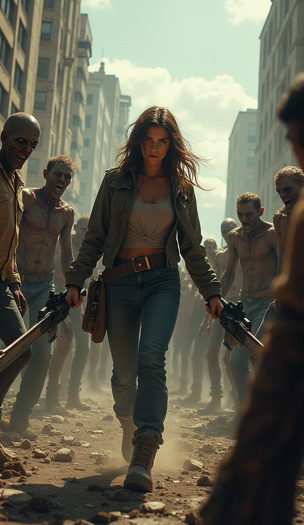 A movie cover or poster shows a woman fiercely fighting a horde of zombies. 