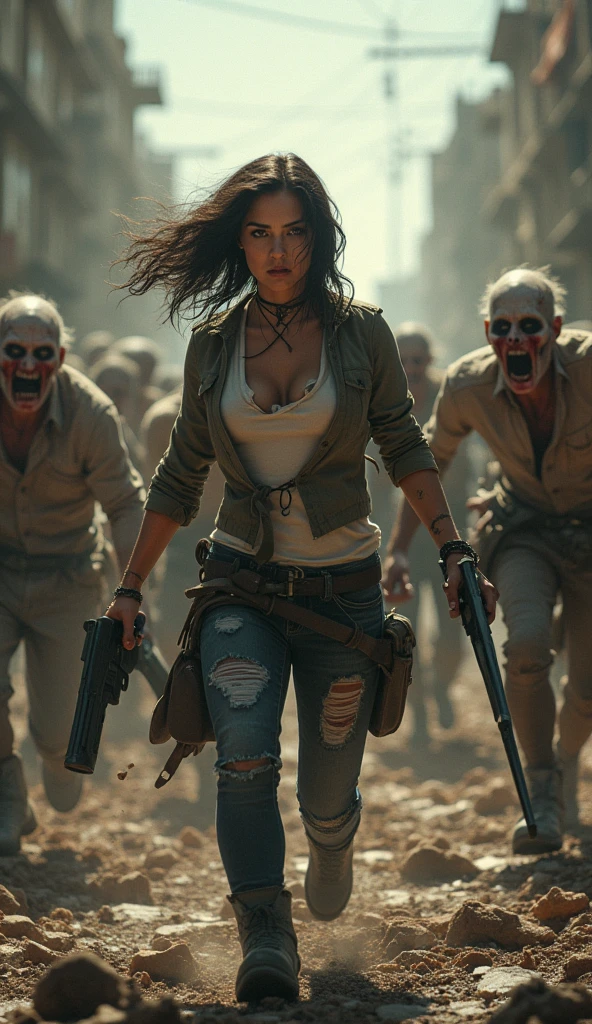 A movie cover or poster shows a woman fiercely fighting a horde of zombies. 