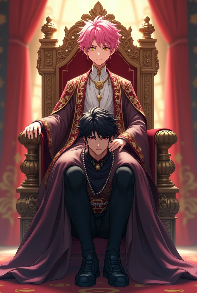3D anime style image of a young boy with pink hair and yellow eyes sitting on a throne in white emperor's clothes and at his feet a 25 year old boy, muscular body, with black hair and red eyes dressed in black emperor's clothing, The emperor's clothes of the modern era