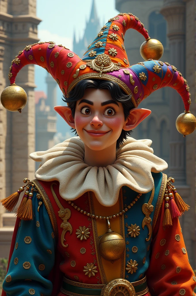 Generate an image of a male character who is a jester from the medieval era