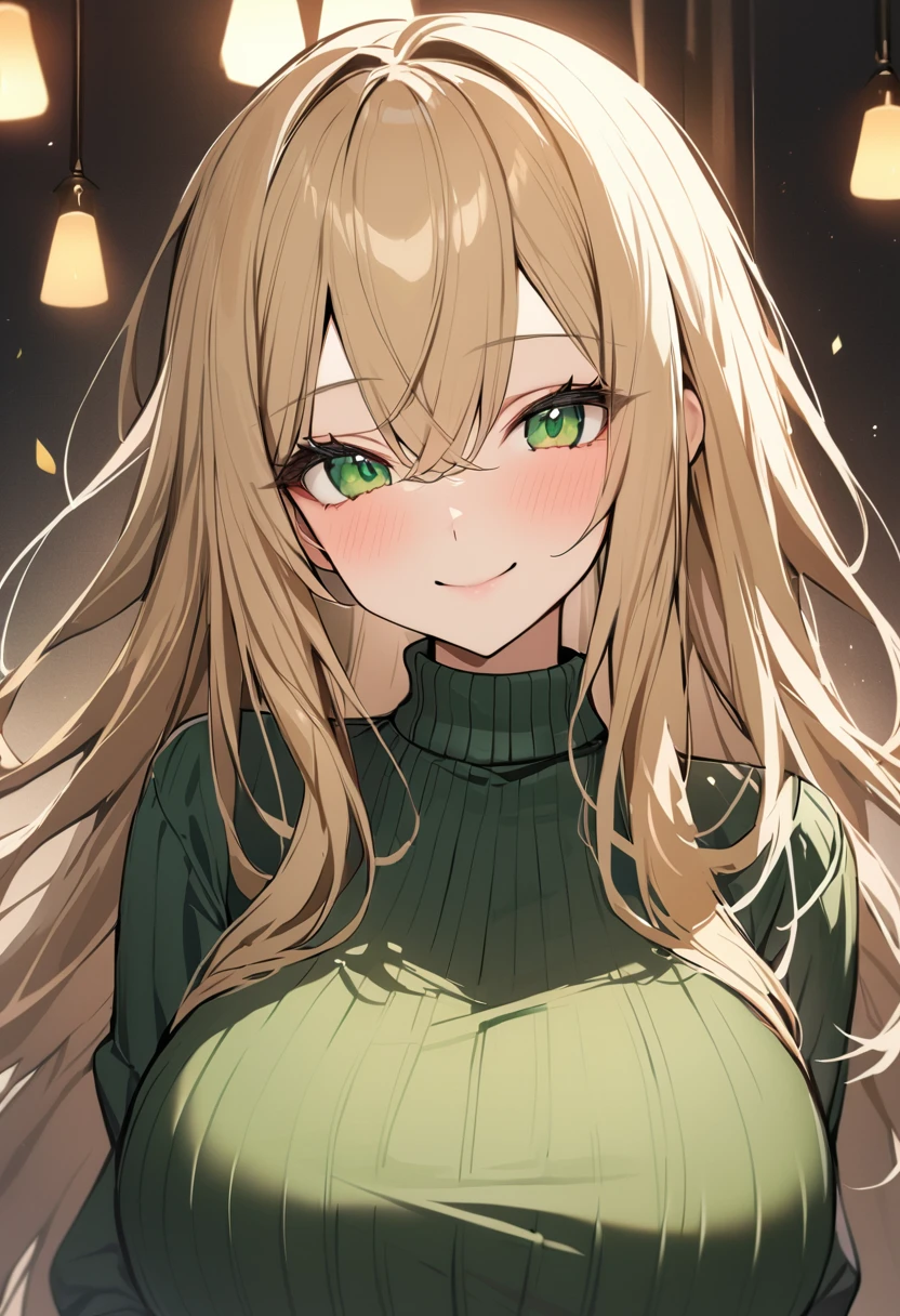Highest quality, 1girl, solo, blonde hair, long hair, green eyes, huge breasts, green turtleneck sweater, smiling, closed mouth, portrait