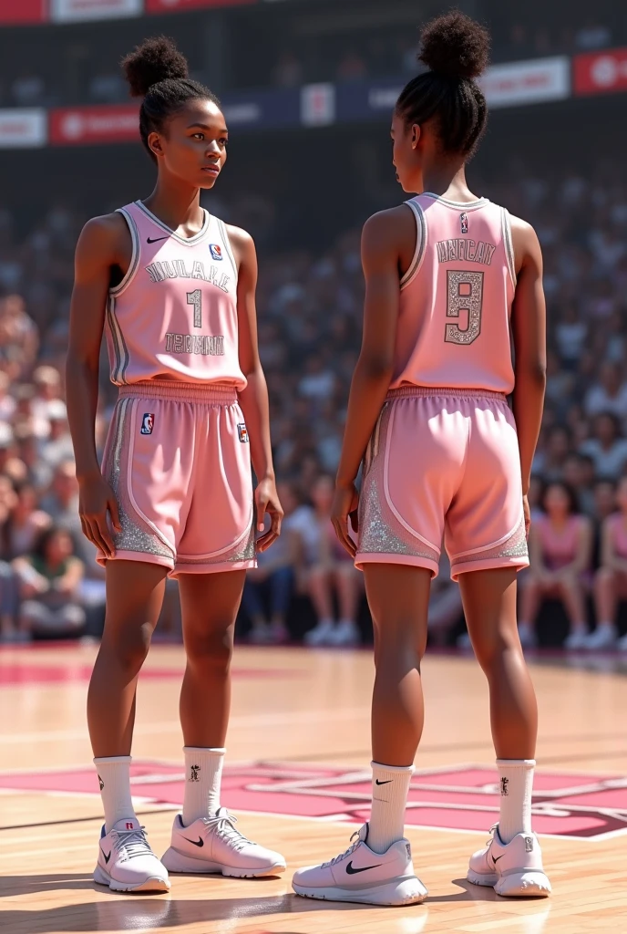 Basketball uniform with the name STAR TEAM that is pastel pink, that it is elegant and with silver details like for the WNBA 
, image from behind and from the front

