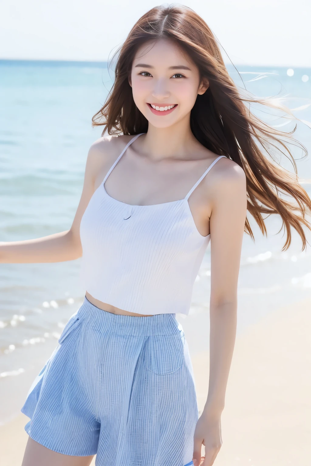Top quality, one beautiful woman, summer fashion, at beach, smile