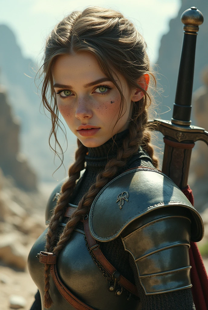 girl with light brown hair, with medieval armor, with braided hair, and a cross tattoo under the eye. the emerald eye, White skin, and a sword on his back, in a post-apocalyptic world.