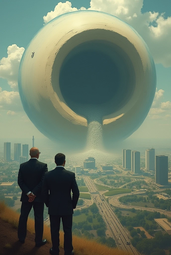 Create an image of Brasília-DF being sucked into a drain by a drain with buildings being sucked into the sky while politicians laugh and watch from afar