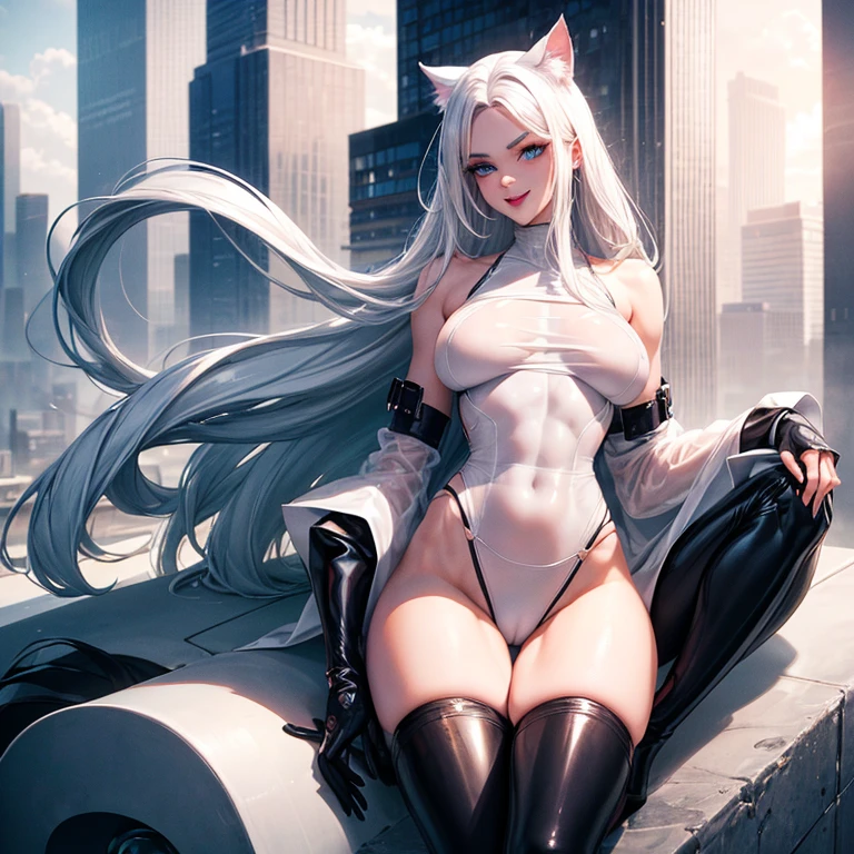 (Cool woman.Well-formed face.Tall.A very muscular, thin body.Beautiful six pack abs.Big eyes.Beautiful blue eyes.White Hair.Boyish medium-long hair with a center part.I can see your forehead.Heavy eye makeup.Dark lipstick.Tight waist.Very large breasts.Very large breastsの谷間.Beautiful pale pink areola.Firm skin).(A small, see-through white leotard.Nipples are visible.Black leather boots with lots of belts.Cat Ears).(Skyscraper rooftop.Futuristic City.Late Night.I can see the city at night.sitting on a marble chair.With legs apart.My hair is blowing in the wind.Smiling thinly.Sticking out tongue)Perfect Face.Accurate human body.Accurate 5 fingers.High resolution.Full body image