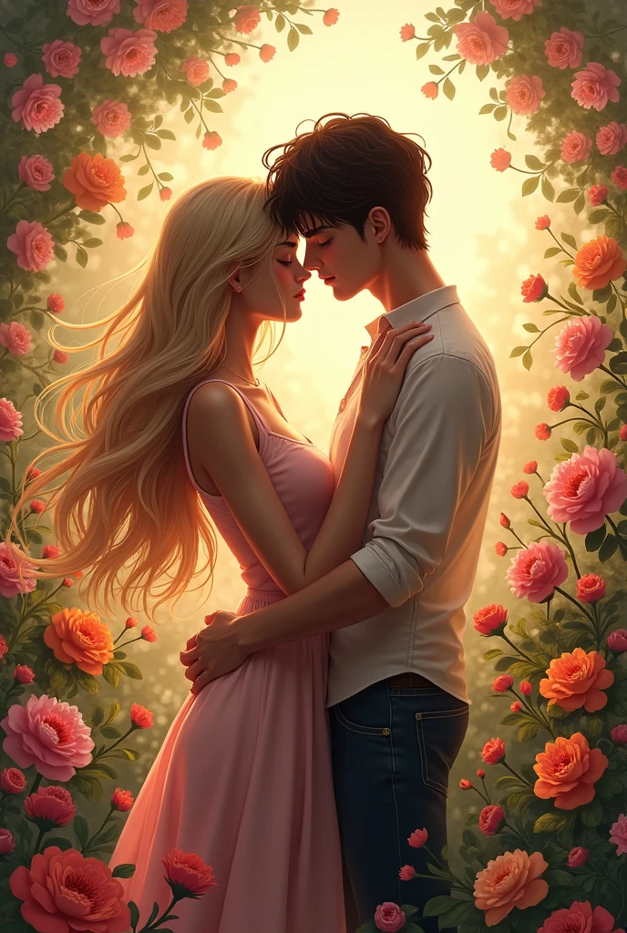One with blonde hair and one with brown hair and black hair in a flower garden couple