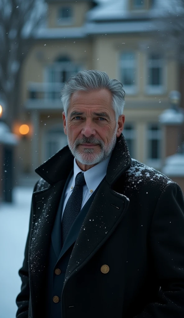 Mr. Harris is a man in his mid-50s, impeccably dressed in expensive tailored suits. He has graying hair neatly combed back, and his face shows signs of a life of comfort, with soft skin and a well-groomed beard. He often appears polished, with a sense of pride and success. Describe a cold winter night outside a luxurious mansion. Introduce Mr. Harris, a wealthy billionaire, and Mr. John, an elderly poor man shivering near the mansion’s gate.