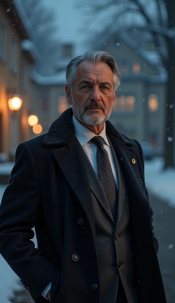 Mr. Harris is a man in his mid-50s, impeccably dressed in expensive tailored suits. He has graying hair neatly combed back, and his face shows signs of a life of comfort, with soft skin and a well-groomed beard. He often appears polished, with a sense of pride and success. Describe a cold winter night outside a luxurious mansion. Introduce Mr. Harris, a wealthy billionaire, and Mr. John, an elderly poor man shivering near the mansion’s gate.