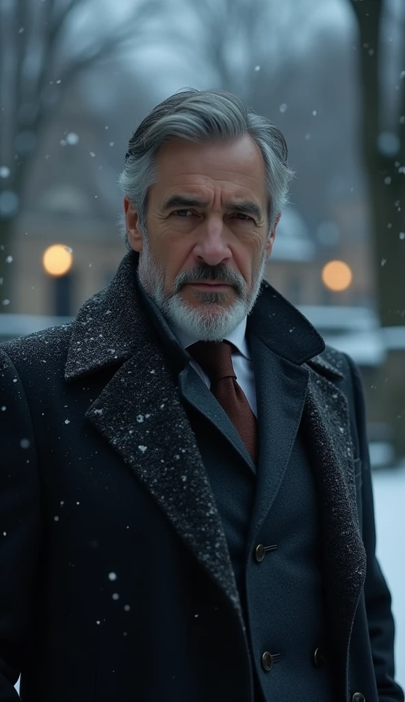 Mr. Harris is a man in his mid-50s, impeccably dressed in expensive tailored suits. He has graying hair neatly combed back, and his face shows signs of a life of comfort, with soft skin and a well-groomed beard. He often appears polished, with a sense of pride and success. Describe a cold winter night outside a luxurious mansion. Introduce Mr. Harris, a wealthy billionaire, and Mr. John, an elderly poor man shivering near the mansion’s gate.