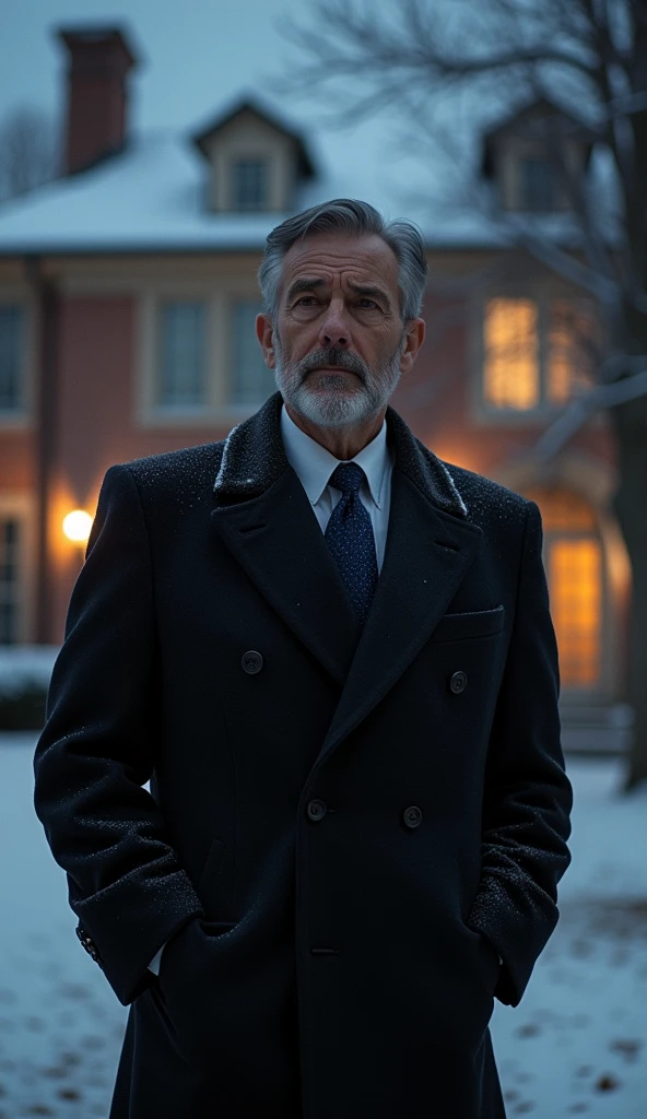 Mr. Harris is a man in his mid-50s, impeccably dressed in expensive tailored suits. He has graying hair neatly combed back, and his face shows signs of a life of comfort, with soft skin and a well-groomed beard. He often appears polished, with a sense of pride and success. Describe a cold winter night outside a luxurious mansion. Introduce Mr. Harris, a wealthy billionaire, and Mr. John, an elderly poor man shivering near the mansion’s gate.