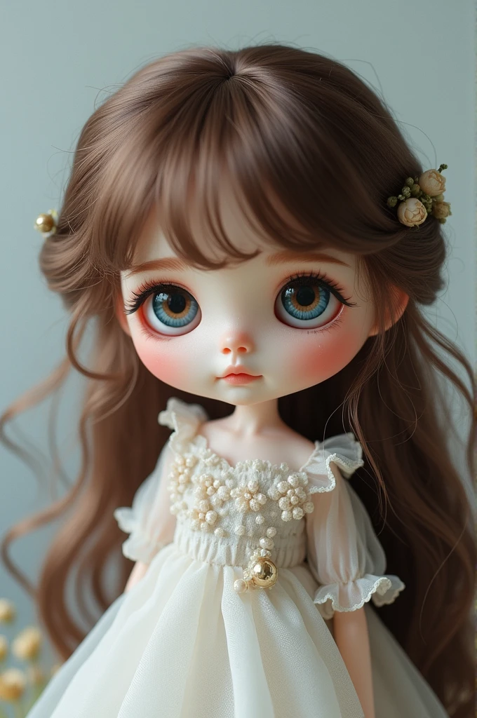 A blythe doll with brown hair and blue highlights, white, and with brown eyes