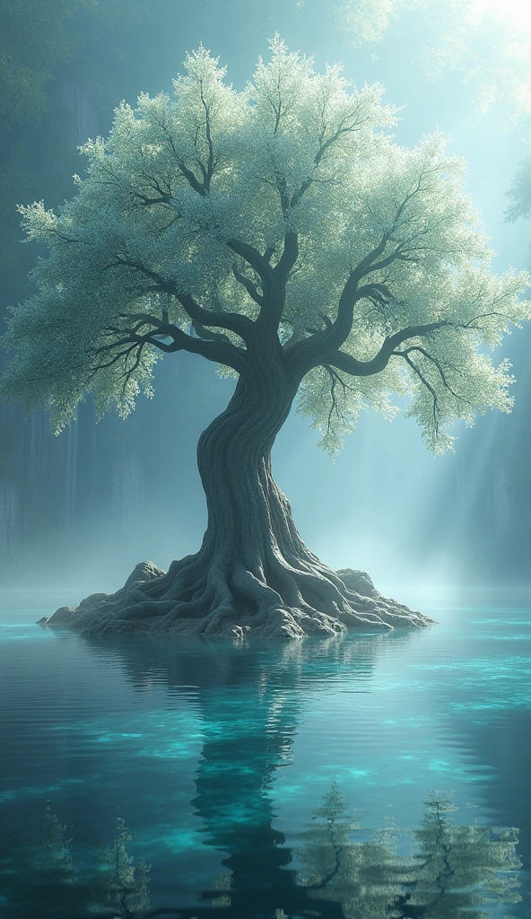 A grand, ancient tree with leaves of clear crystal, standing at the center of a shimmering lake. The tree’s roots extend deep into the water, which reflects the tree’s beauty and the surrounding landscape. The air around the tree is filled with a gentle, radiant light, and the tree exudes an aura of timeless wisdom and magic. The lake’s surface is smooth, like a mirror, capturing the tree’s majestic presence.
