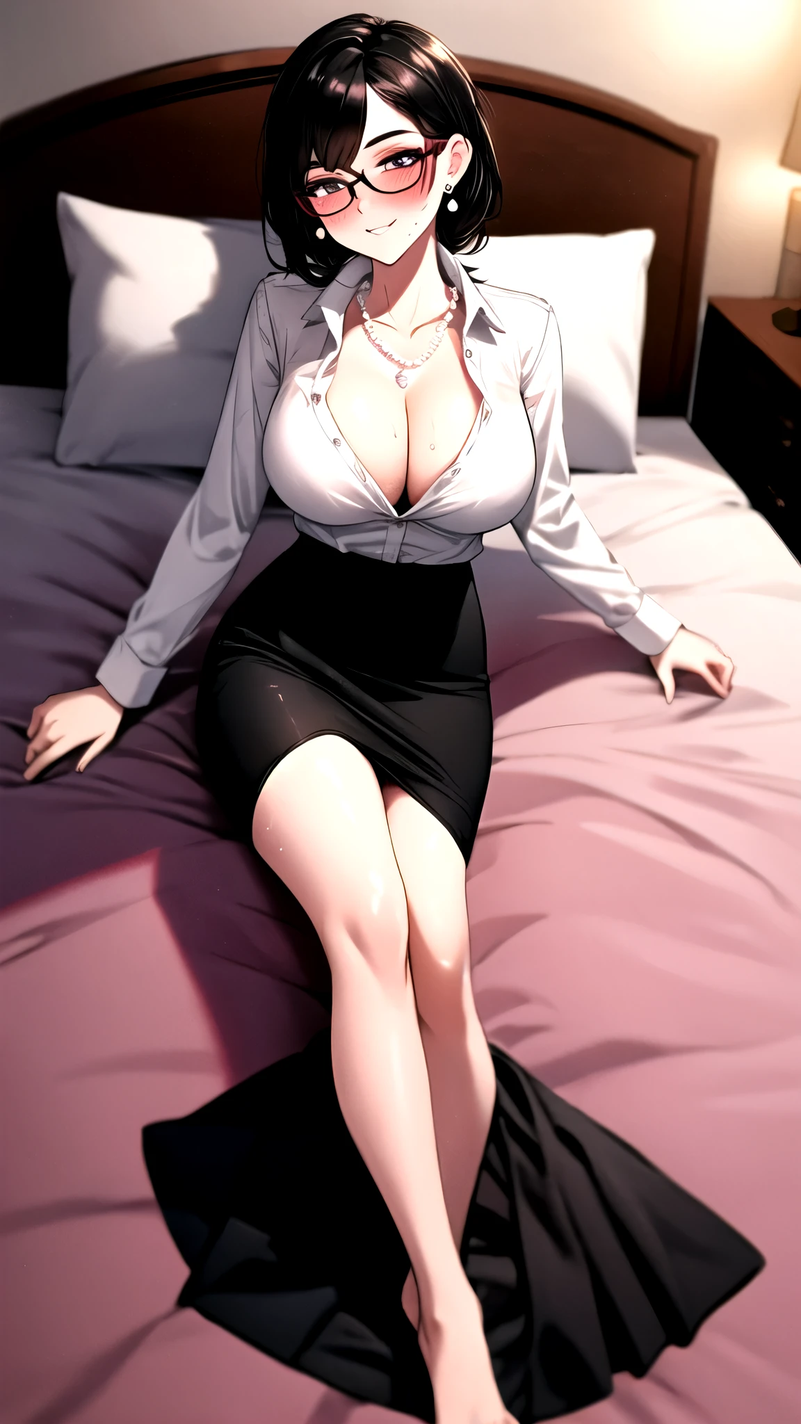 ((super high quality,Ultra-high resolution,4K,8k,super masterpiece,Ultra HD ,Detailed shading)),Dimly lit bedroom,Full body photo,sexy mother,Lying on a lilac bed,A white shirt with the collar turned up,Tight collar,Cleavage,Long sleeve,Black Pencil Skirt,Short black hair,Glasses,Embarrassing,blush,Sweaty,Pearl Earrings,Pearl Necklace,Engagement Rings,