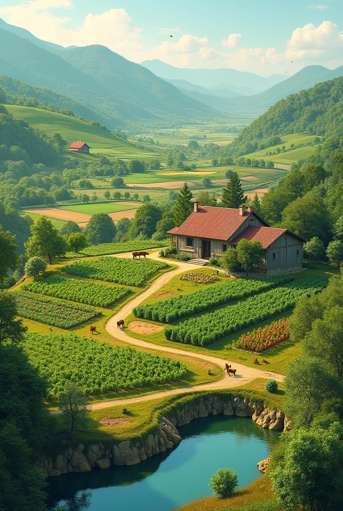 Create a photo with a House vegetable farm, Fruits Garden , Cattle Farm and Aquaculture pond