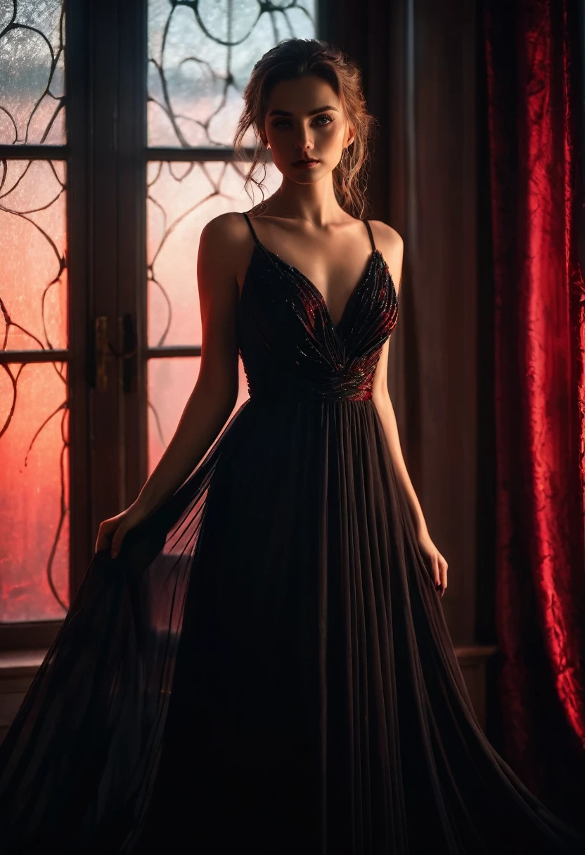 closeup shot, woman in a dress standing in front of a window, romanticism, in evening gown, flowing gown, wearing a flowing dress, mysterious woman, haunting beautiful young woman, wearing a black flowing dress, flowing dress, woman in dress, extremely moody red lighting, 