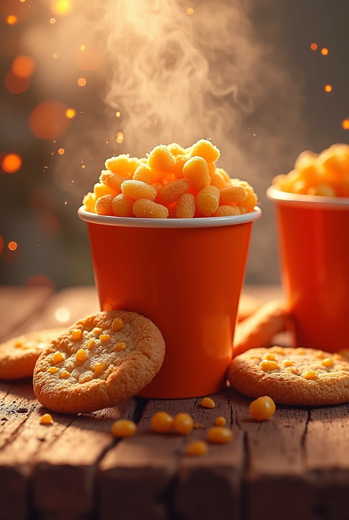 spicy hot sweet corn on cup smoky vibe, delicious homemade cookies modren catching poster with good attractive background 
