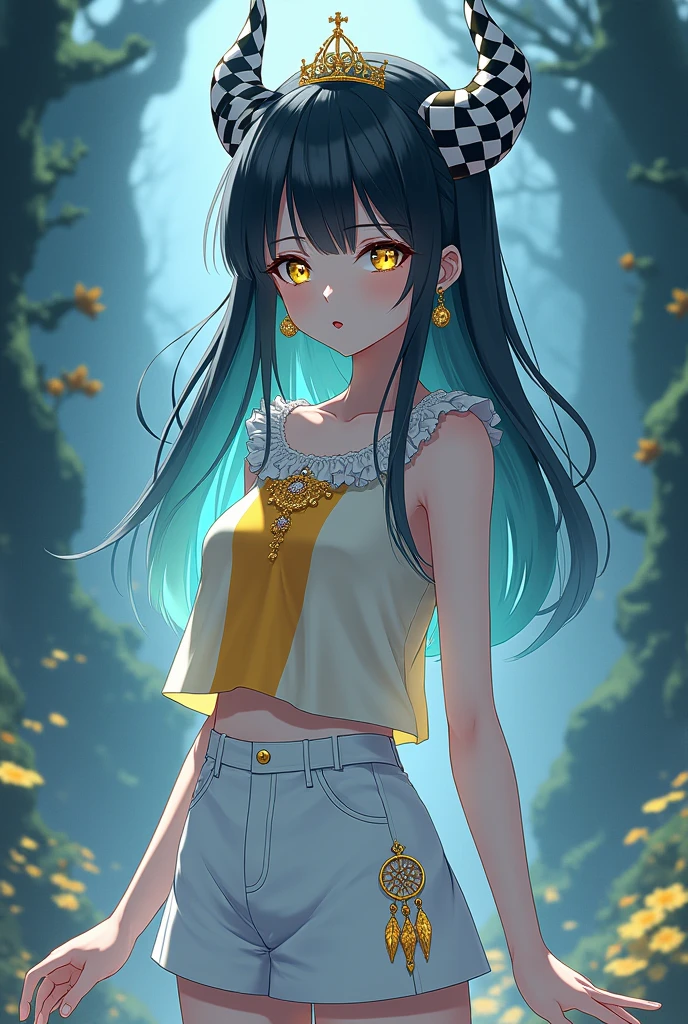 A girl with white anime-type skin, with straight black hair that reaches to her waist with a black and white checkered crown that gives off blue and yellow lights, has a fang sticking out of his mouth, She has golden earrings, She has a sleeveless blouse that is white and light yellow, She has a short white skirt, He has white pants with dreamcatcher figures and these figures are gold in color