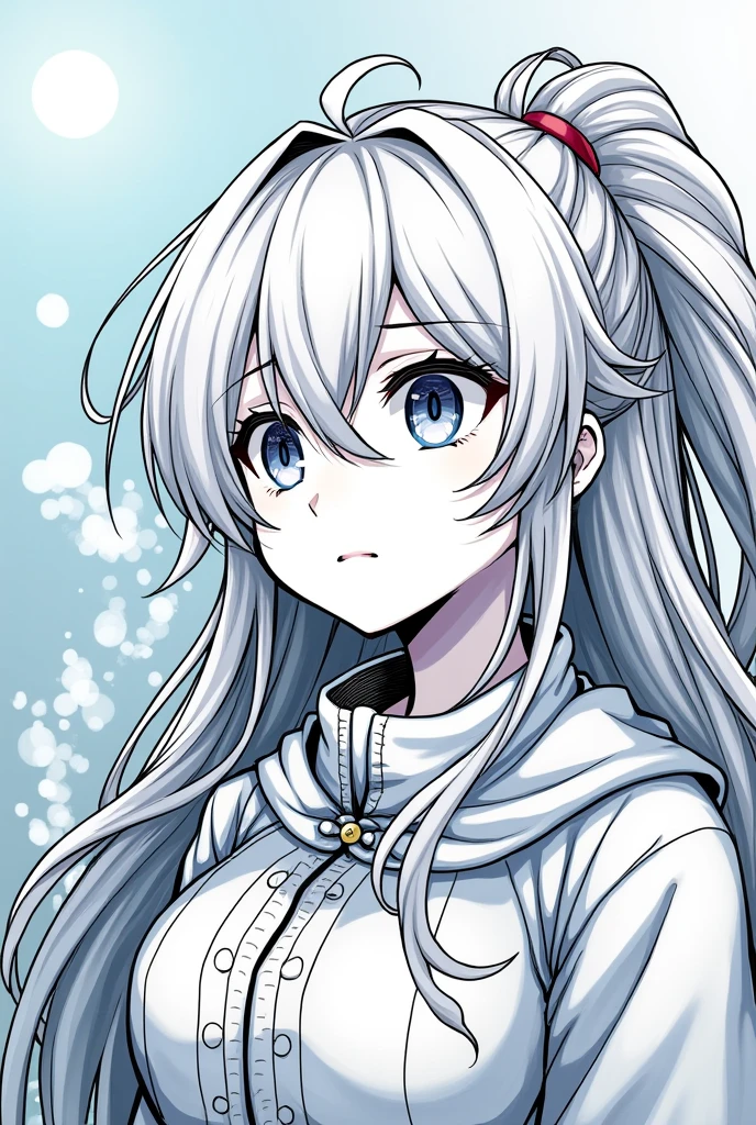 CCreate a lineart illustration Setting: Marine in a moment of reflection after hearing Belenus' words, with the curse and her dual aura (soul glow and darkness) visible around her.
Details: Marine can be depicted in a medium shot, with her head slightly tilted and a thoughtful expression. Around her, the illustration can show the duality of her essence: a bright and luminous side representing her soul, and a dark side emanating from the curse she carries. This contrast can create a powerful image, emphasizing Marine's internal struggle and the complexity of her existence.