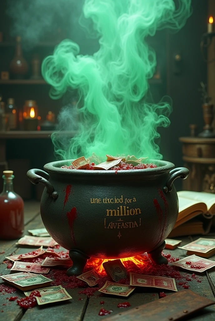 Imagine an aged metal cauldron, placed on a crackling fire in a sorcerer's apprentice laboratory. The cauldron is overflowing with blood-stained bills, which cascade around him. On the surface of the cauldron, The sentence "The recipe for a million" is engraved in a visible and legible manner, giving the cauldron a mysterious aura. Thick green smoke billows from the cauldron, mingling with the other strange objects in the laboratory : potions, open grimoires, and various magical instruments. The whole thing is bathed in a subdued and mysterious light., adding a touch of adventure and witchcraft to the scene.