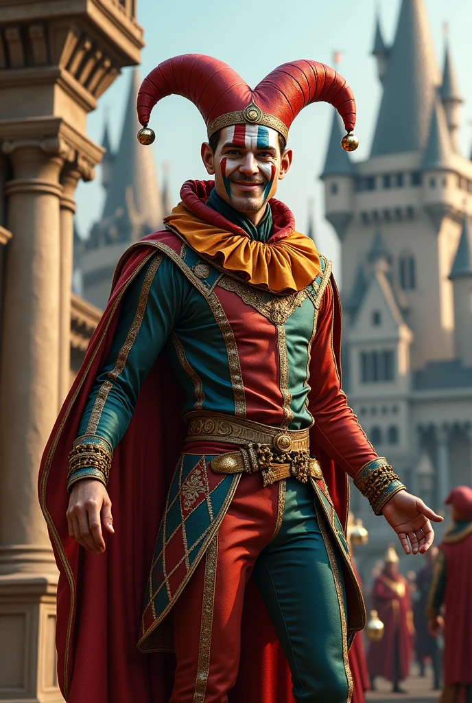 Generate an image of an adult male character who is a medieval jester 