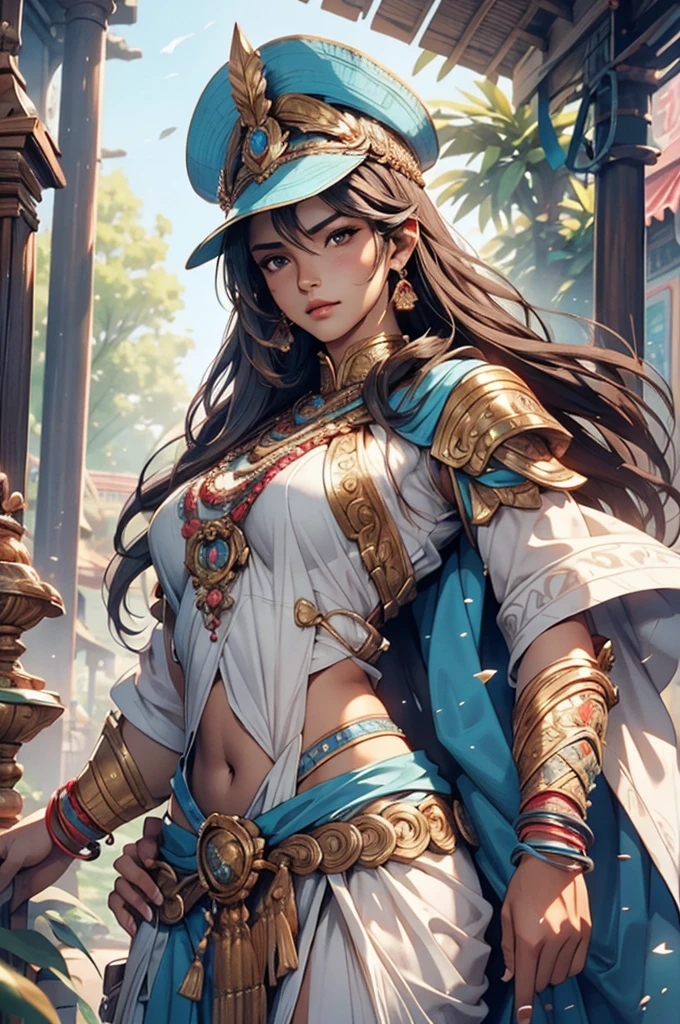   banner format , An Amazon posing as an Inferior Physical Goddess, Tamil MODEL. long hair. big hips. small waist.  goddess wear/attire . Image style and definition: ultra realistic photo, feminine figure, portraits, bold lines, brim with confidence and courage. hoplite. Super detailed face， Detailed lips， Detailed eyes，hyper realistic，perfect photogenic clarity, official art, ultra hyper-realistic, Serenity, tone mapped, highly detailed, artstation, concept art, smooth, sharp focus, highly detailed artwork, cinematic, trending on Artstation, 8K, incredible shadows, (highly detailed background:1.0)
