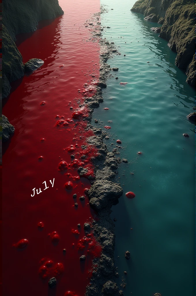 I want an image with two sections. On the left side, there should be blood with the word 'July' written on it, and on the right side, there should be water with the word 'August' written on it.