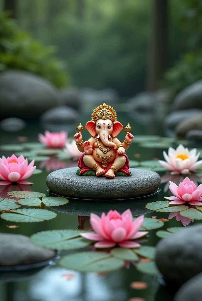 Lotus pond with stone border to pond for Ganapati decoration
